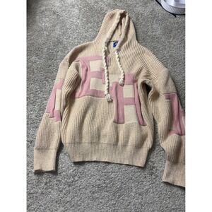 Aelfric Eden Oversized Knit Hoodie Beige Pink Lettering Streetwear Sweater L
